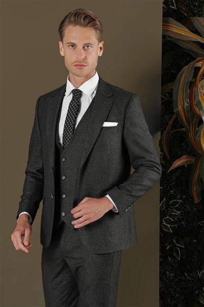 Slim Fit Çift Yırtmaç Esnek Kırçıllı Antrasit Yelekli Takım Elbise TK 876