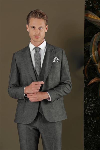 Slim Fit Çift Yırtmaç Esnek Kırçıllı Füme Yelekli Takım Elbise TK 876