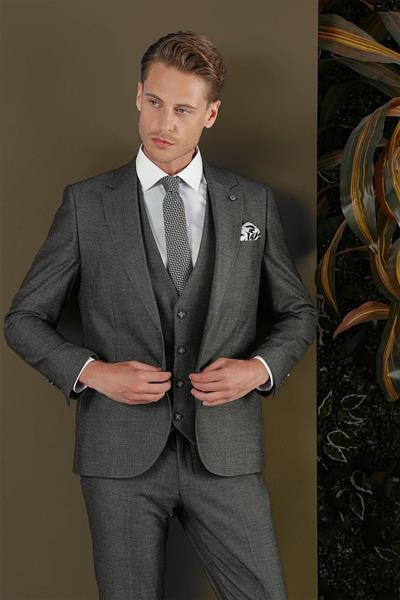Slim Fit Çift Yırtmaç Esnek Kırçıllı Füme Yelekli Takım Elbise TK 876