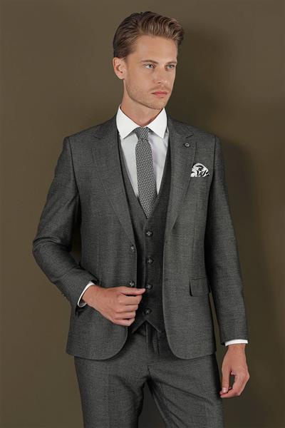 Slim Fit Çift Yırtmaç Esnek Kırçıllı Füme Yelekli Takım Elbise TK 876