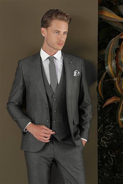 Slim Fit Çift Yırtmaç Esnek Kırçıllı Füme Yelekli Takım Elbise TK 876
