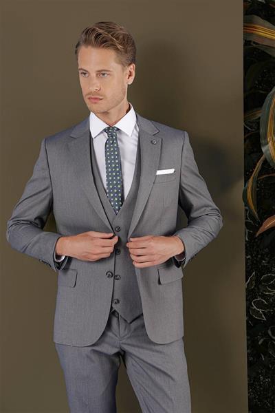 Slim Fit Mono Yaka Doku Desenli Füme Yelekli Takım Elbise TK 877
