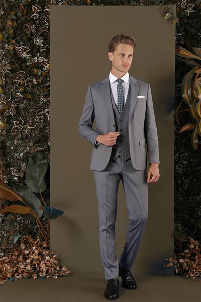 Slim Fit Mono Yaka Doku Desenli Füme Yelekli Takım Elbise TK 877