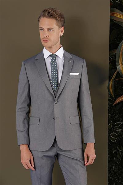 Slim Fit Mono Yaka Doku Desenli Füme Yelekli Takım Elbise TK 877