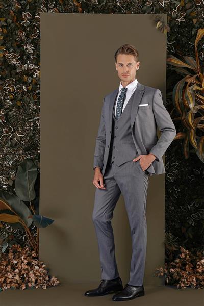 Slim Fit Mono Yaka Doku Desenli Füme Yelekli Takım Elbise TK 877