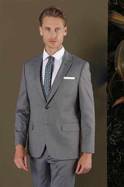 Slim Fit Mono Yaka Doku Desenli Füme Yelekli Takım Elbise TK 877
