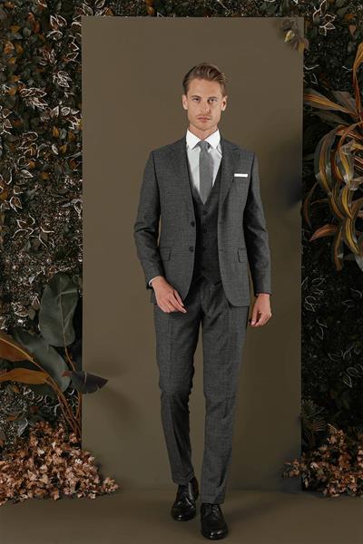 Slim Fit Mono Yaka Yünlü Antrasit Yelekli Takım Elbise TK 880