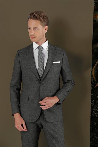 Slim Fit Mono Yaka Yünlü Antrasit Yelekli Takım Elbise TK 880