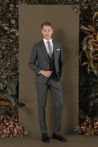 Slim Fit Mono Yaka Yünlü Antrasit Yelekli Takım Elbise TK 880