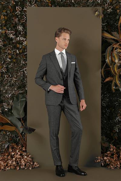 Slim Fit Mono Yaka Yünlü Antrasit Yelekli Takım Elbise TK 880