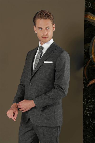 Slim Fit Mono Yaka Yünlü Antrasit Yelekli Takım Elbise TK 880