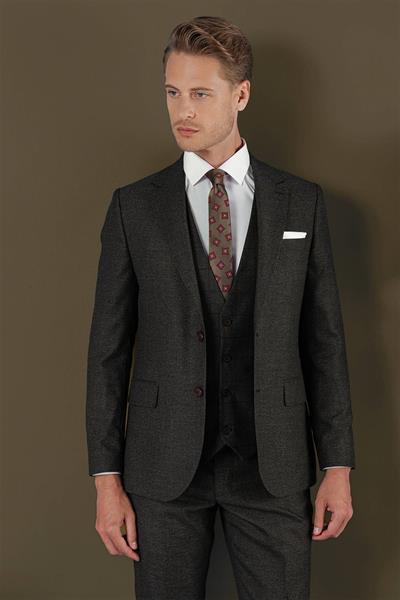 Slim Fit Mono Yaka Yünlü Kahverengi Yelekli Takım Elbise TK 880