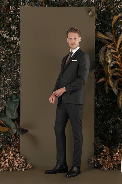 Slim Fit Mono Yaka Yünlü Kahverengi Yelekli Takım Elbise TK 880
