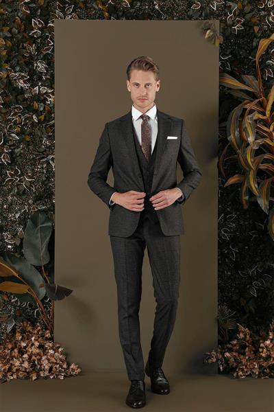 Slim Fit Mono Yaka Yünlü Kahverengi Yelekli Takım Elbise TK 880