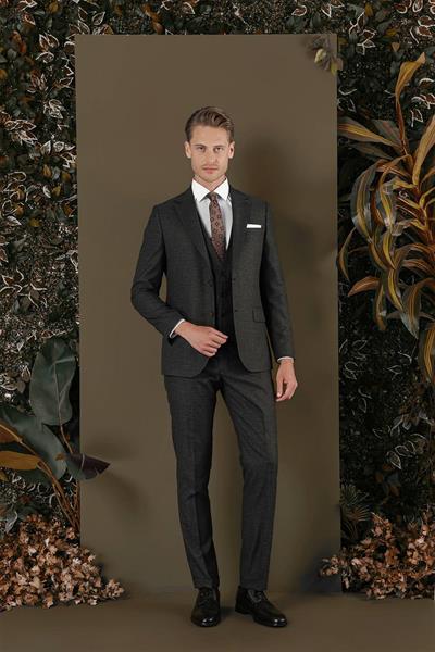 Slim Fit Mono Yaka Yünlü Kahverengi Yelekli Takım Elbise TK 880