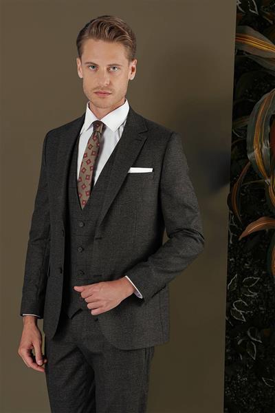 Slim Fit Mono Yaka Yünlü Kahverengi Yelekli Takım Elbise TK 880