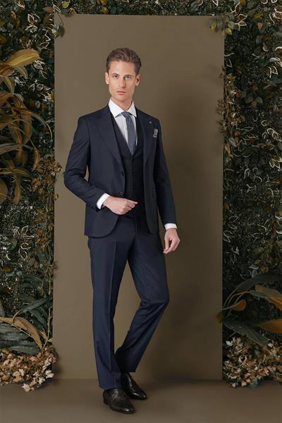Slim Fit %97 Yün Esnek Lacivert Yelekli Takım Elbise TK 881