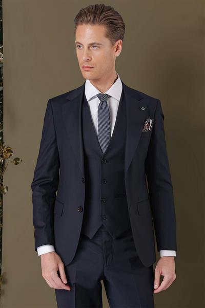Slim Fit %97 Yün Esnek Lacivert Yelekli Takım Elbise TK 881