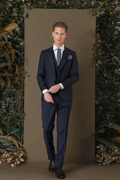 Slim Fit %97 Yün Esnek Lacivert Yelekli Takım Elbise TK 881