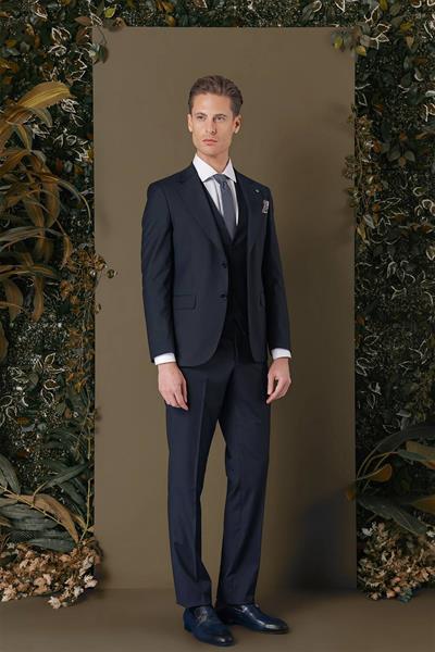Slim Fit %97 Yün Esnek Lacivert Yelekli Takım Elbise TK 881