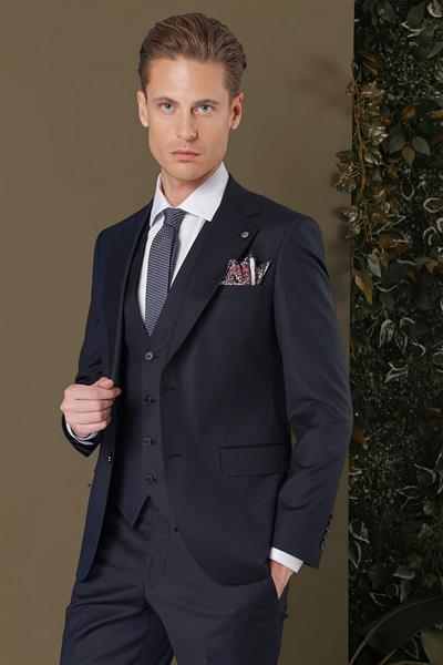 Slim Fit %97 Yün Esnek Lacivert Yelekli Takım Elbise TK 881