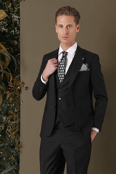 Slim Fit %97 Yün Esnek Siyah Yelekli Takım Elbise TK 881