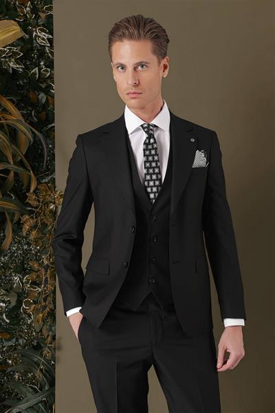 Slim Fit %97 Yün Esnek Siyah Yelekli Takım Elbise TK 881