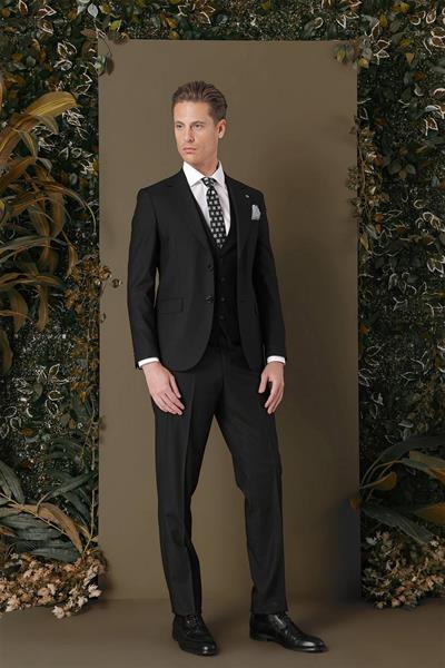 Slim Fit %97 Yün Esnek Siyah Yelekli Takım Elbise TK 881
