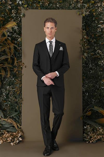 Slim Fit %97 Yün Esnek Siyah Yelekli Takım Elbise TK 881