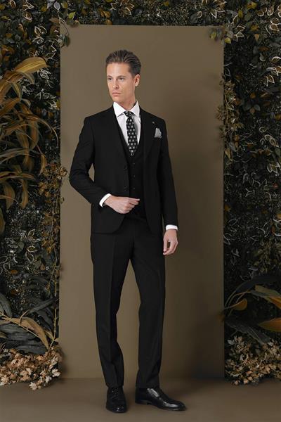 Slim Fit %97 Yün Esnek Siyah Yelekli Takım Elbise TK 881