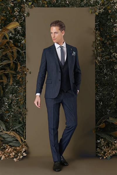 Slim Fit Yağmur Desenli Esnek Lacivert Yelekli Takım Elbise TK 883