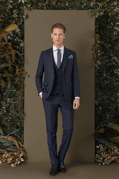 Slim Fit Yağmur Desenli Esnek Lacivert Yelekli Takım Elbise TK 883