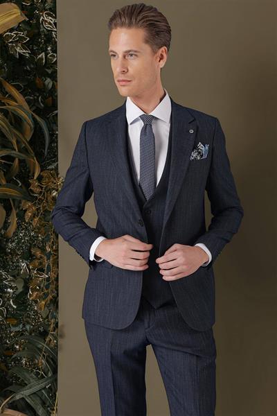 Slim Fit Yağmur Desenli Esnek Lacivert Yelekli Takım Elbise TK 883