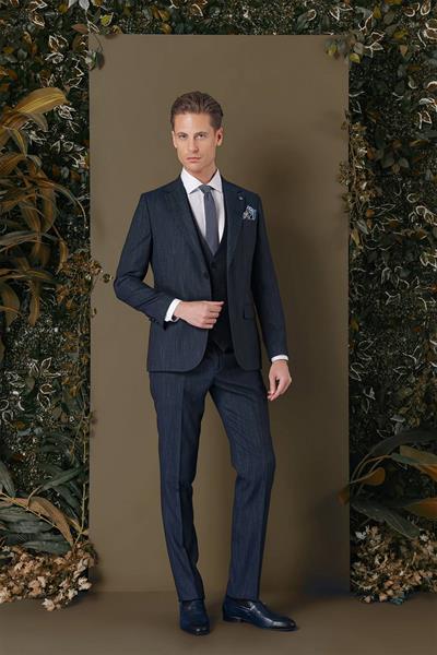 Slim Fit Yağmur Desenli Esnek Lacivert Yelekli Takım Elbise TK 883