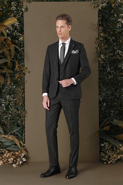 Slim Fit Yağmur Desenli Esnek Siyah Yelekli Takım Elbise TK 883