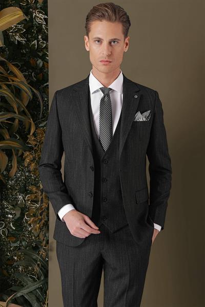 Slim Fit Yağmur Desenli Esnek Siyah Yelekli Takım Elbise TK 883