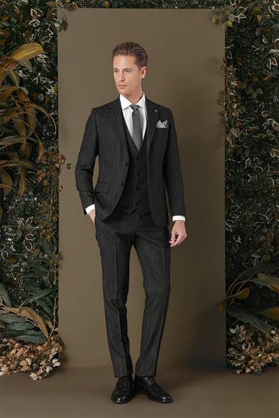 Slim Fit Yağmur Desenli Esnek Siyah Yelekli Takım Elbise TK 883