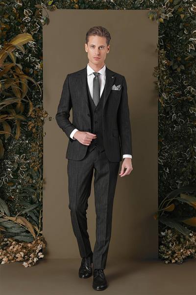 Slim Fit Yağmur Desenli Esnek Siyah Yelekli Takım Elbise TK 883