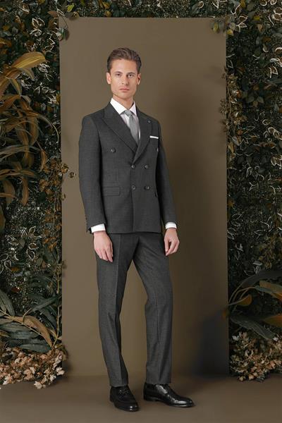 Slim Fit Çift Yırtmaç Çizgili Füme Kruvaze Takım Elbise TK 884