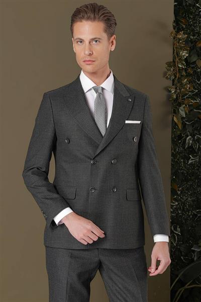 Slim Fit Çift Yırtmaç Çizgili Füme Kruvaze Takım Elbise TK 884