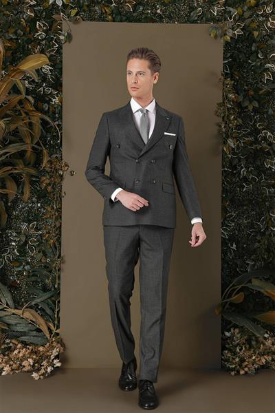 Slim Fit Çift Yırtmaç Çizgili Füme Kruvaze Takım Elbise TK 884