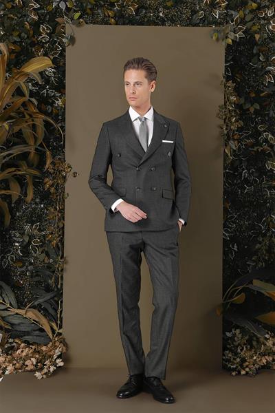 Slim Fit Çift Yırtmaç Çizgili Füme Kruvaze Takım Elbise TK 884