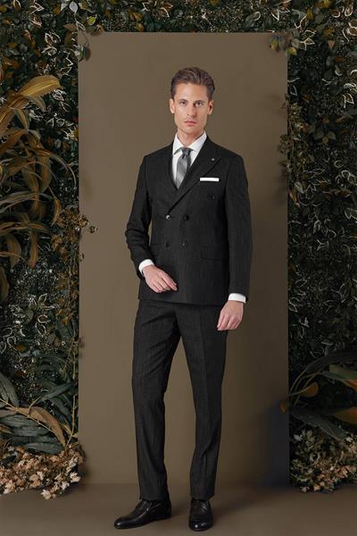 Slim Fit Çift Yırtmaç Çizgili Lacivert Kruvaze Takım Elbise TK 884