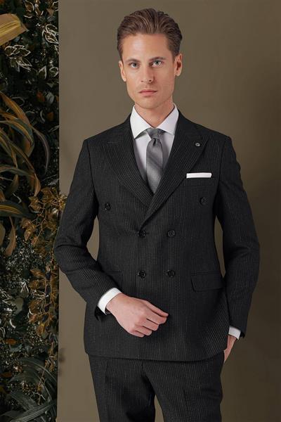 Slim Fit Çift Yırtmaç Çizgili Lacivert Kruvaze Takım Elbise TK 884