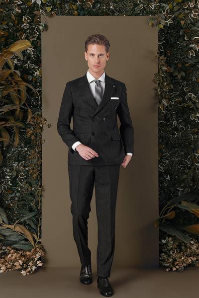 Slim Fit Çift Yırtmaç Çizgili Lacivert Kruvaze Takım Elbise TK 884