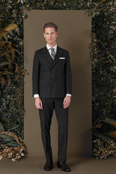 Slim Fit Çift Yırtmaç Çizgili Lacivert Kruvaze Takım Elbise TK 884