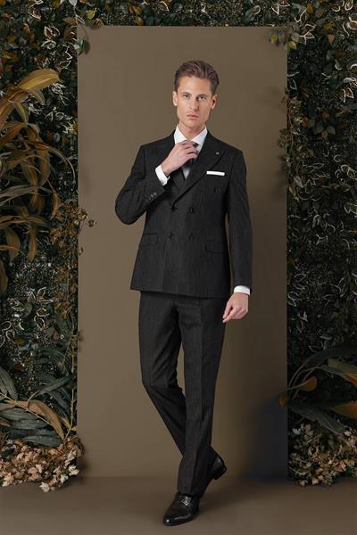Slim Fit Çift Yırtmaç Çizgili Lacivert Kruvaze Takım Elbise TK 884
