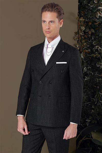 Slim Fit Çift Yırtmaç Çizgili Siyah Kruvaze Takım Elbise TK 884