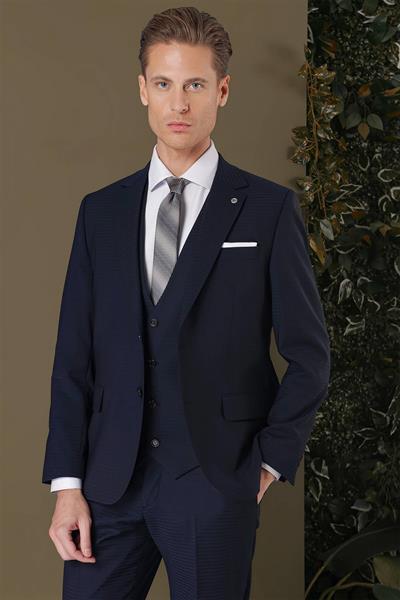 Slim Fit %94 Yün Esnek Pötikare Desenli Lacivert Yelekli Takım Elbise TK 887