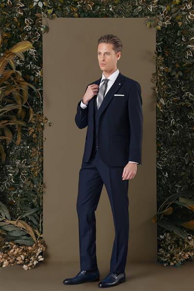 Slim Fit %94 Yün Esnek Pötikare Desenli Lacivert Yelekli Takım Elbise TK 887
